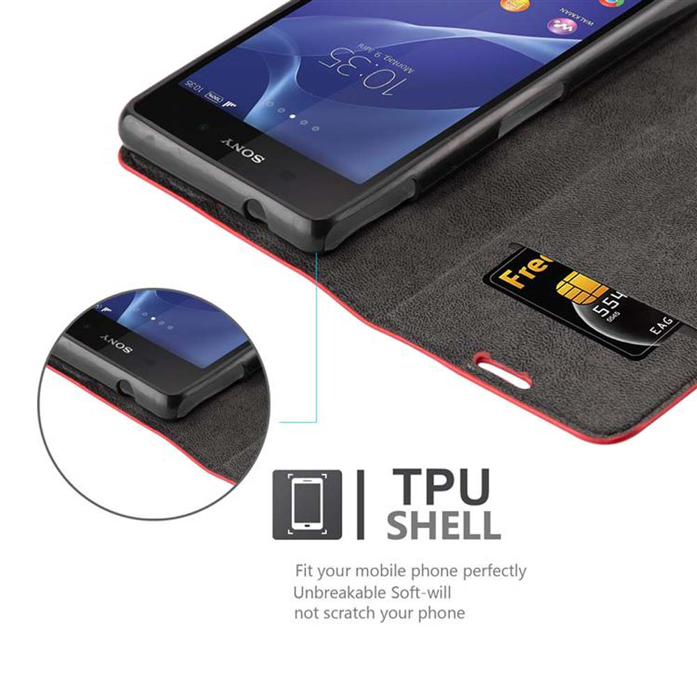 Funda de teléfono con teléfono dentro. Muestra la pantalla del teléfono y una tarjeta en la ranura.
