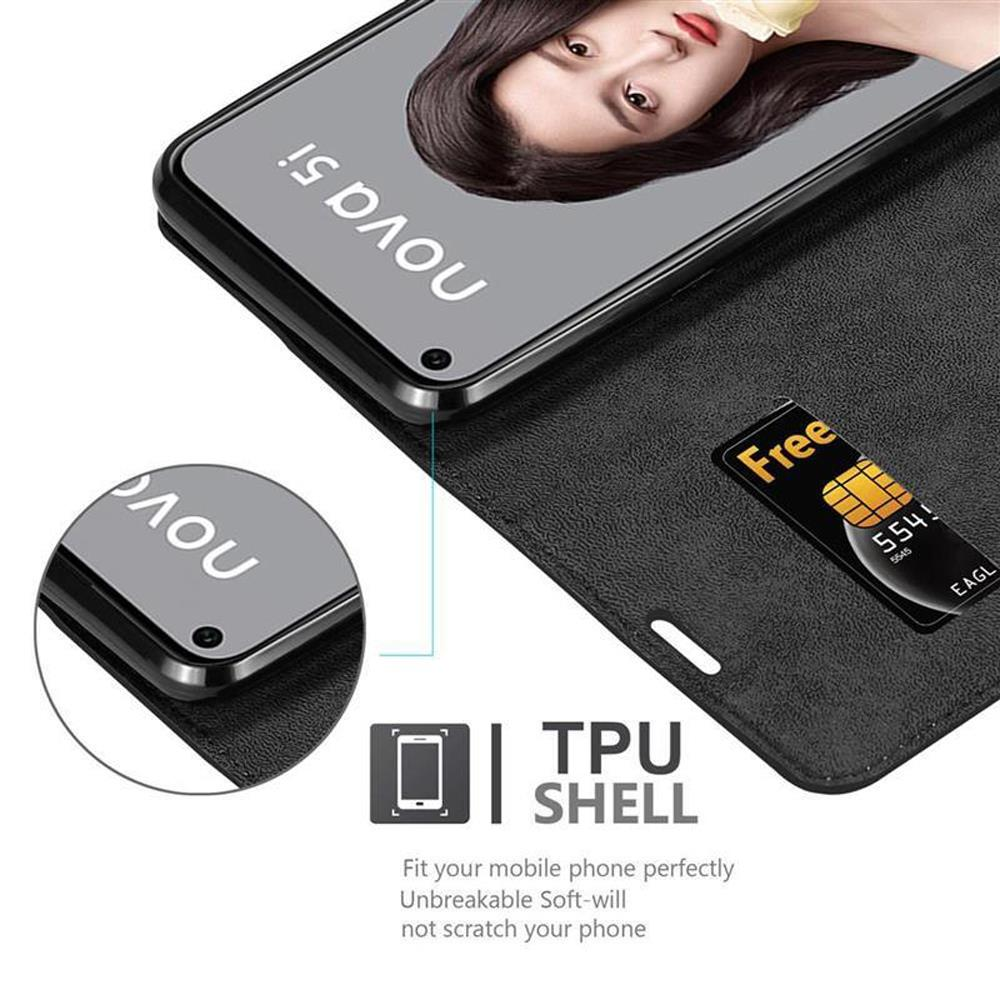 Custodia per telefono con volto di donna sullo schermo. Nera, con fessura per carte e carta gialla.