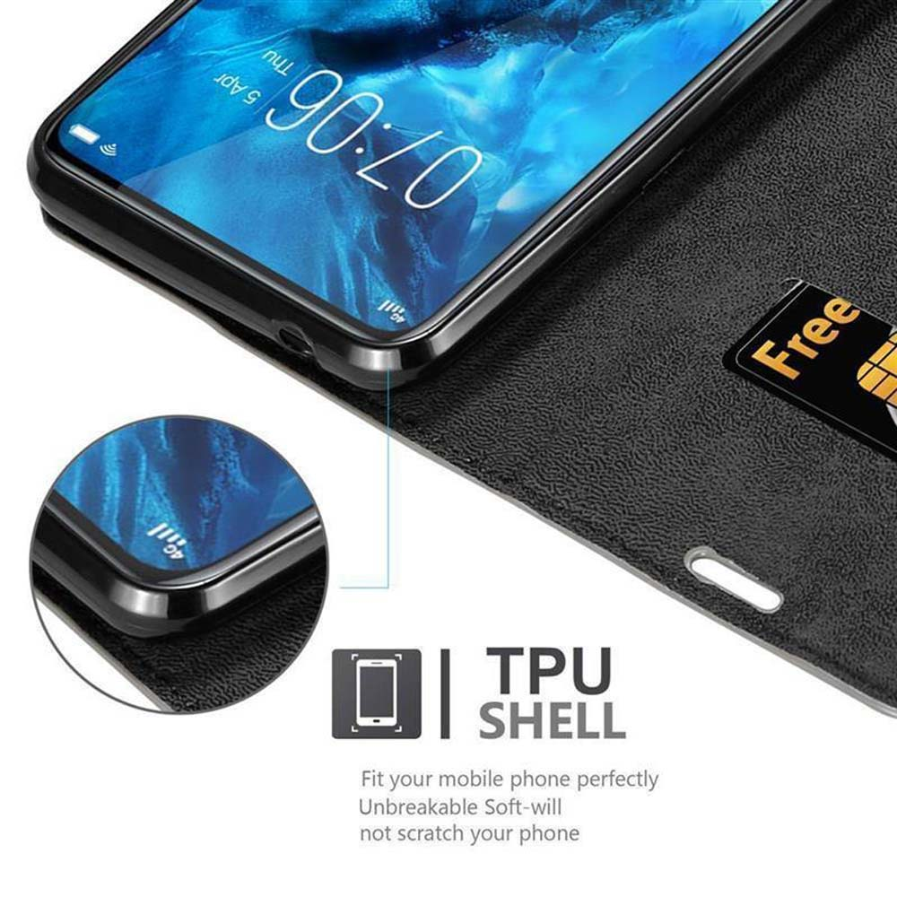 Telefono in custodia nera, aperto per rivelare una carta. Primo piano mostra le caratteristiche della shell TPU.
