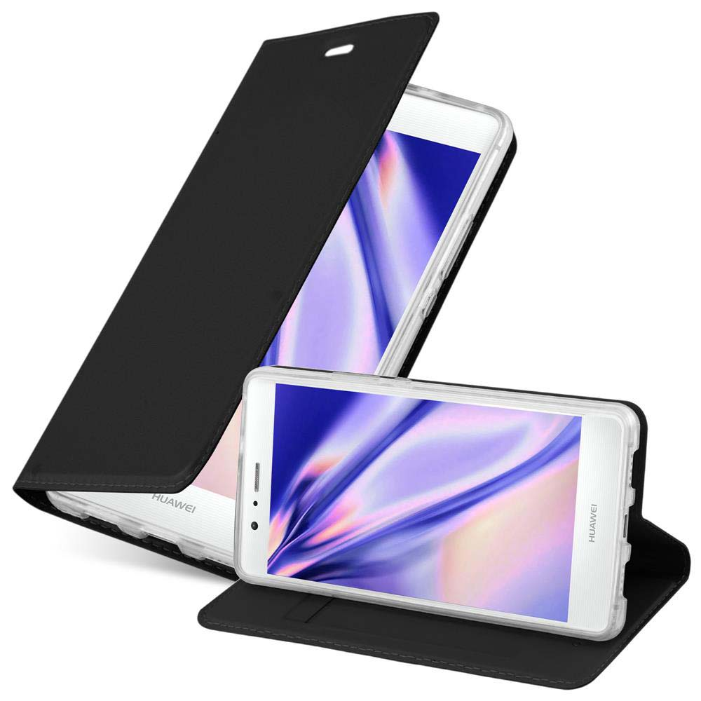 Funda negra con teléfono abierto. Otro teléfono en el fondo.