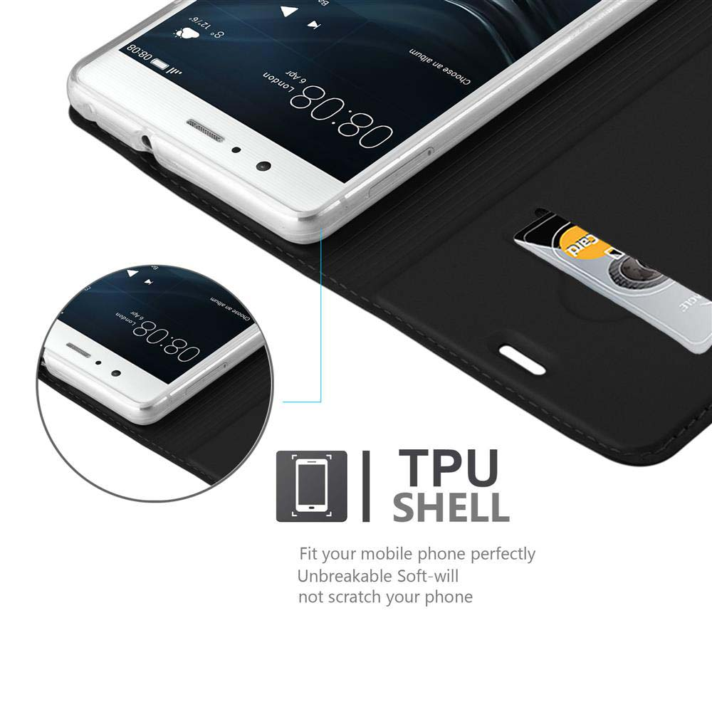 Funda para teléfono con un teléfono que muestra la hora y una tarjeta de crédito.