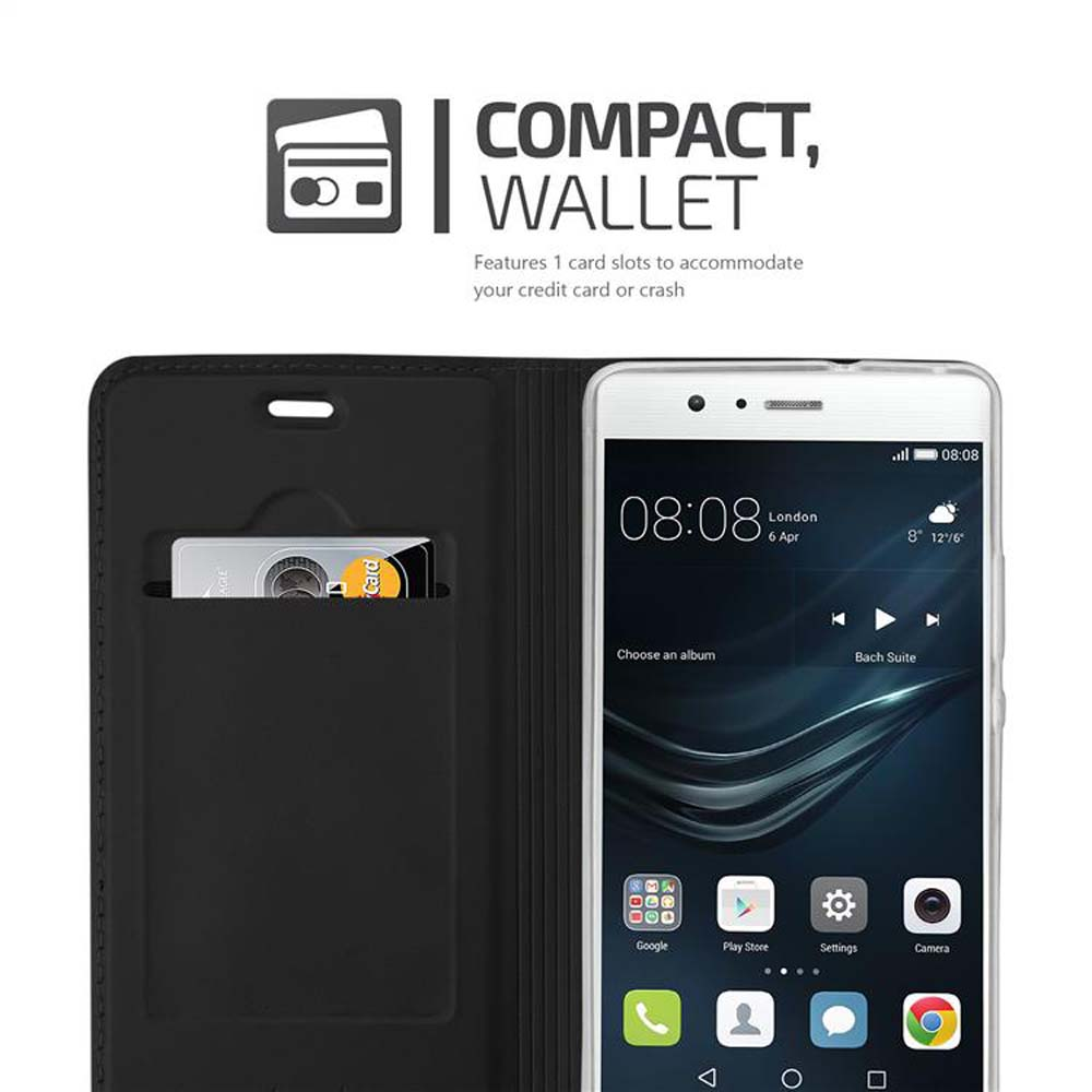 Una funda negra para teléfono con un teléfono blanco, ranura para tarjeta de crédito y una tarjeta dentro, con texto de cartera compacta.