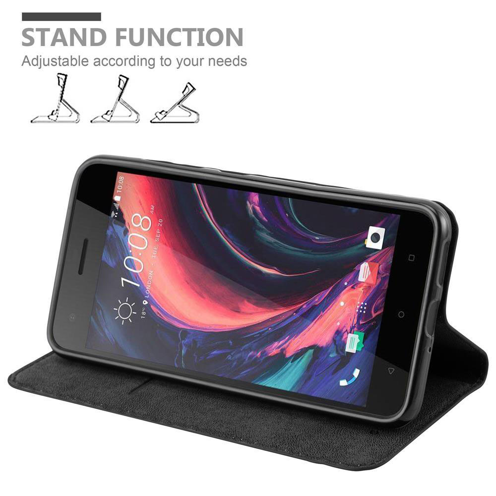 Custodia per telefono nera con funzione stand. Lo schermo visualizza l'ora e la data.