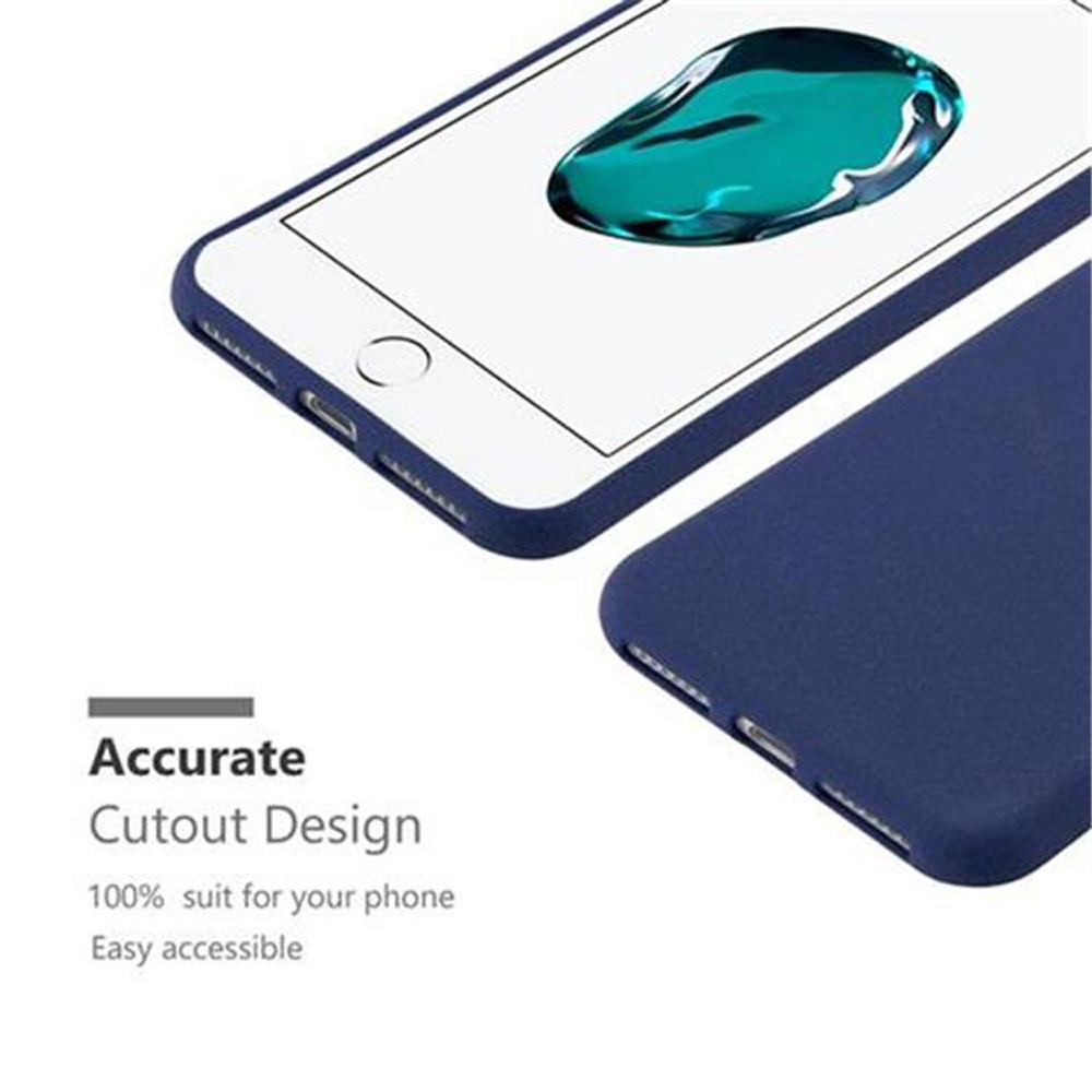 Custodia blu per telefono con telefono, che mostra lo schermo in alto, e sfondo bianco.