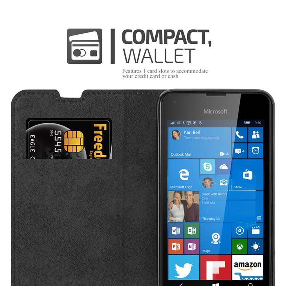 Custodia per telefono nera, stile portafoglio. Slot per schede con scheda. Testo: COMPACT, WALLET. Telefono visibile.