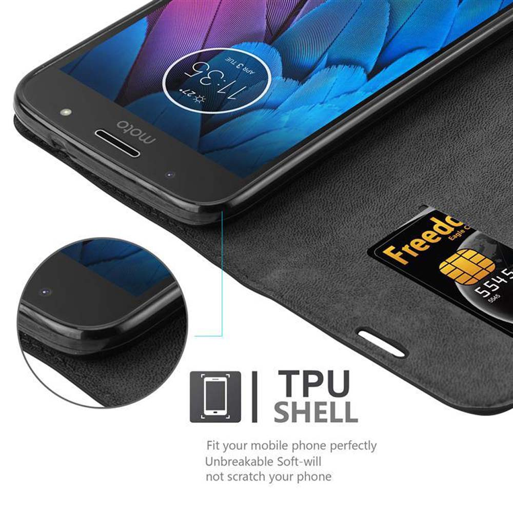 Telefono nero in una custodia. Carta di credito nella fessura. Testo: TPU SHELL.