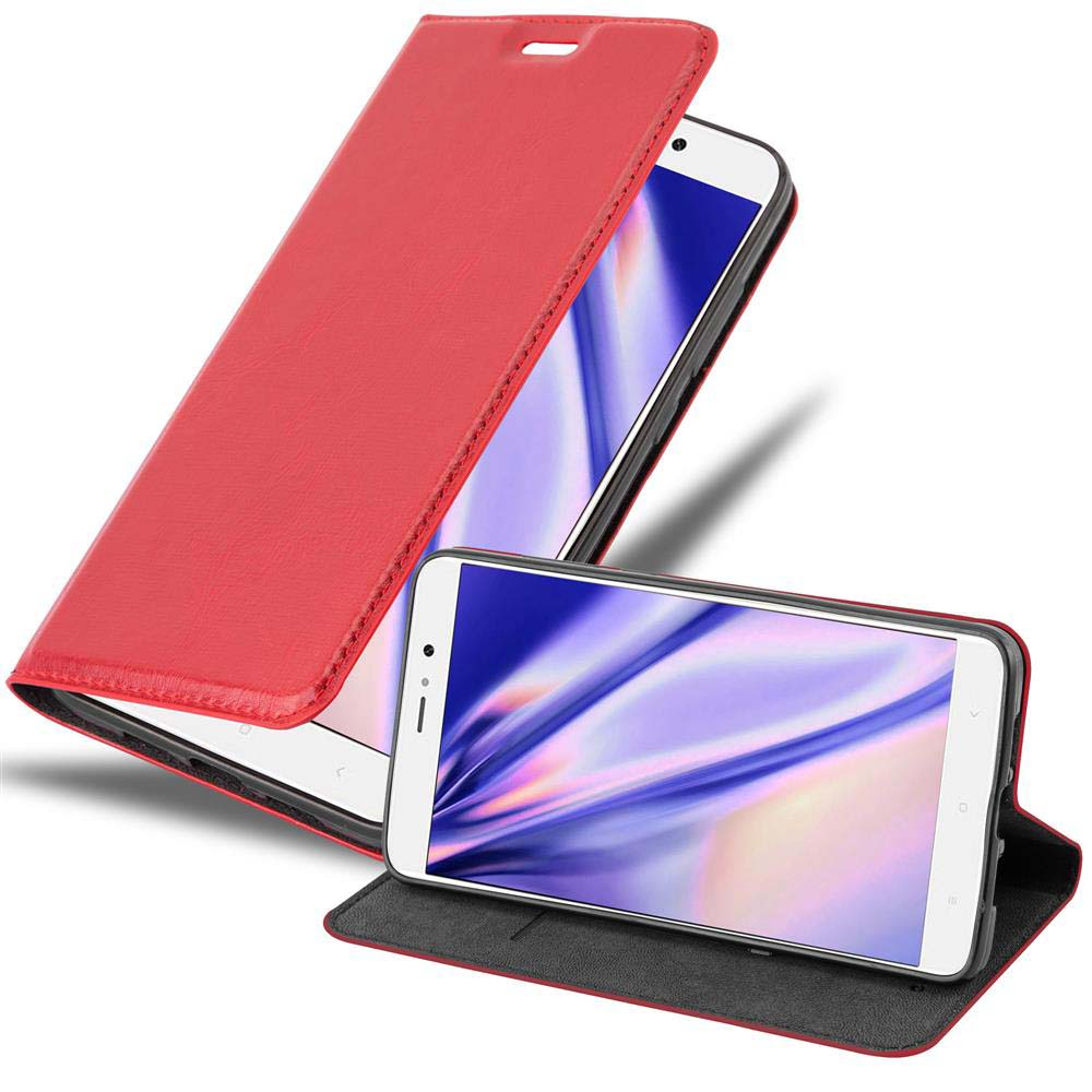 Funda roja con tapa abierta. Teléfono dentro.