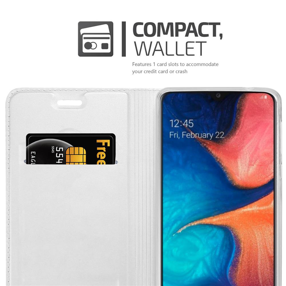 Weiße Handyhülle mit Kartenfach. Ein Telefon mit blauem Bildschirm ist eingesetzt. Weißer Hintergrund.
