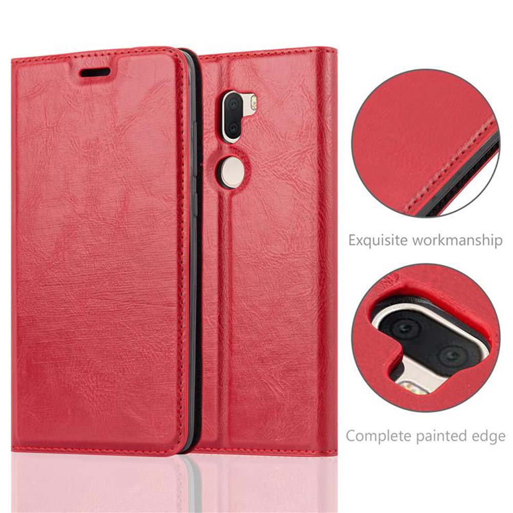 Funda de teléfono roja. La imagen muestra la funda desde diferentes ángulos. Texto: “Exquisita mano de obra” y “Borde pintado completo”.