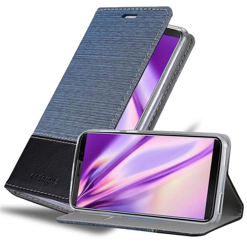 Custodia per telefono in denim blu con base in pelle nera, che tiene un telefono con schermo viola.