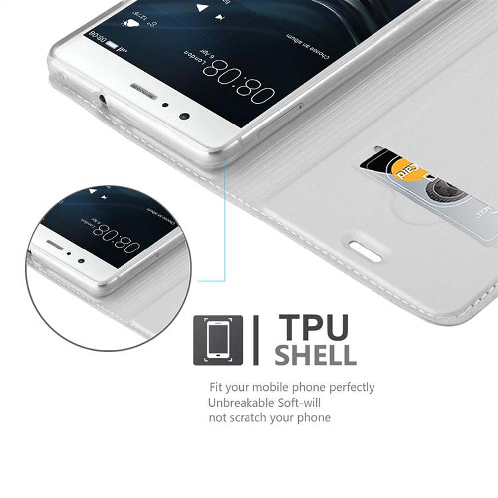Teléfono en una funda tipo cartera. Tarjeta de crédito en una ranura. Texto TPU SHELL.