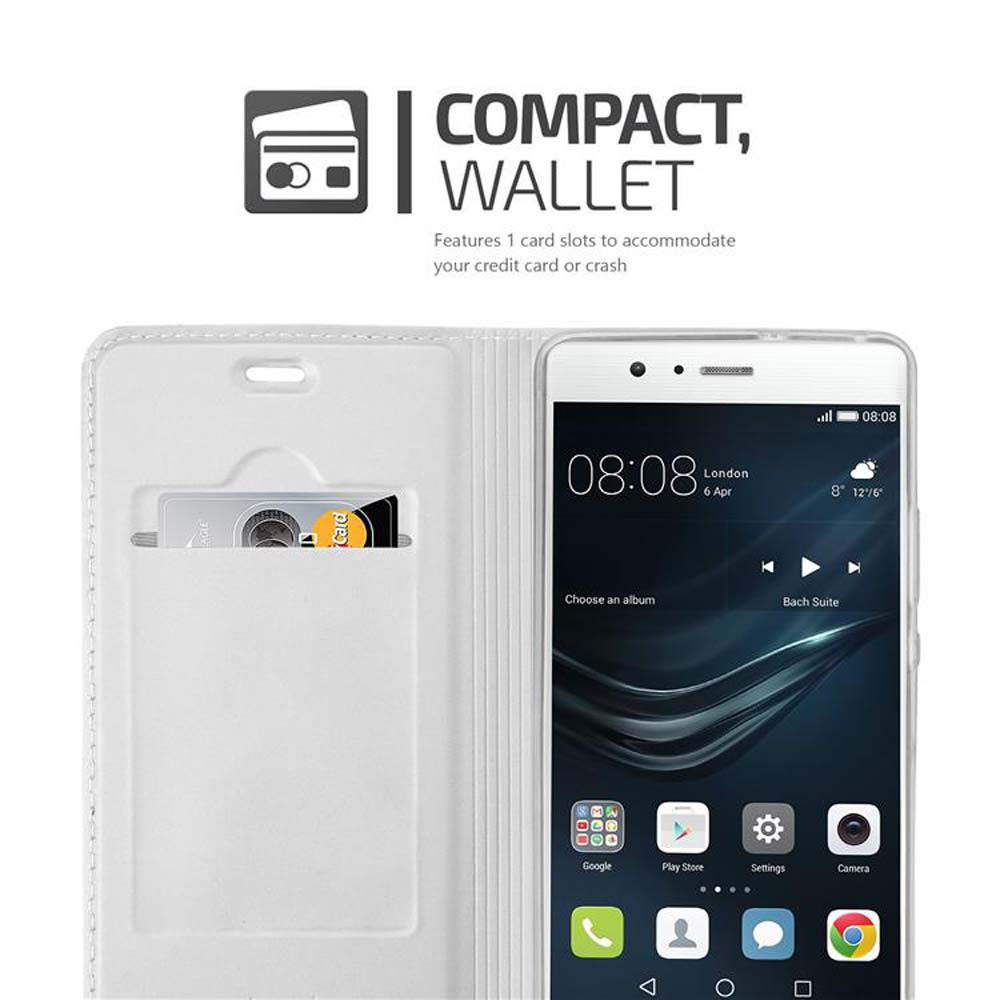 Una funda de teléfono blanca con un teléfono y una tarjeta de crédito, abierta.
