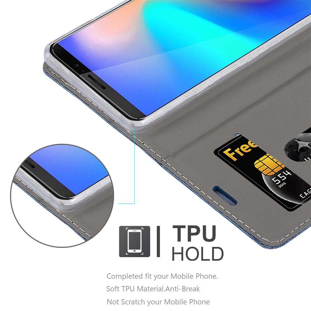 Telefono dentro una custodia grigia con slot per schede e scheda, mostra TPU.