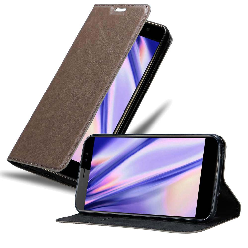 Zwei Telefone mit braunen Hüllen. Ein Telefon ist geöffnet und zeigt einen Bildschirm mit lila Hintergrund.