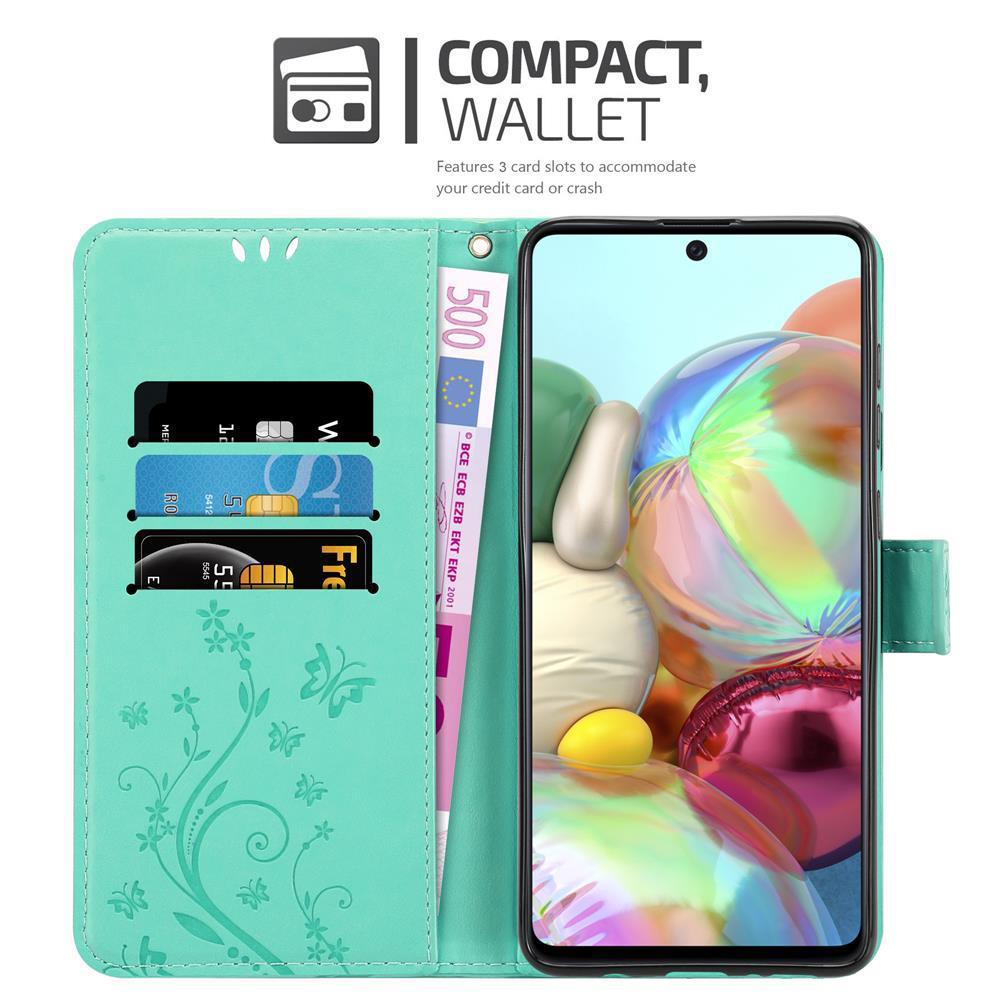 Custodia per telefono con telefono, carte di credito e denaro. Testo 'COMPACT, WALLET'.