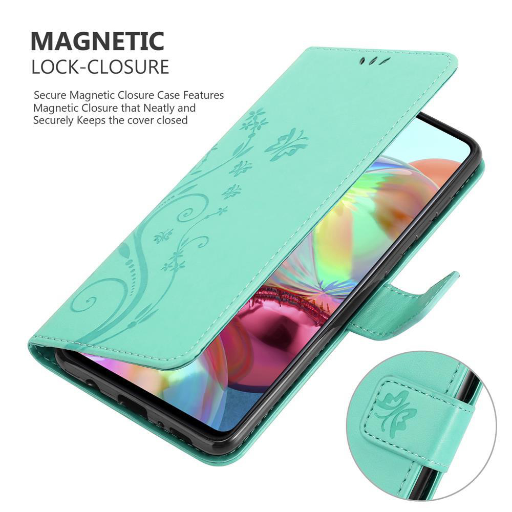 Custodia verde menta, aperta per mostrare un telefono. Design floreale sulla cover, chiusura magnetica.
