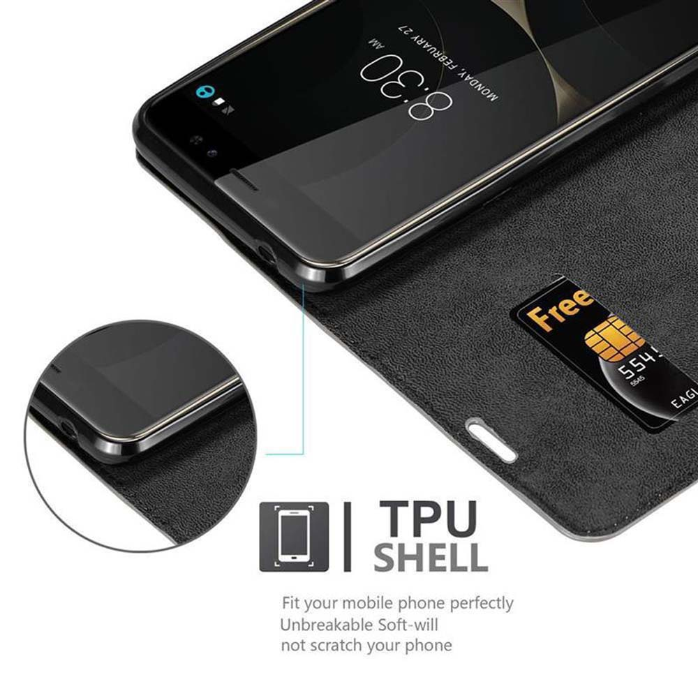 Schwarzes Telefon mit Hülle und Karte. Text: TPU-Schale. Die Uhrzeit 8:30 wird angezeigt.