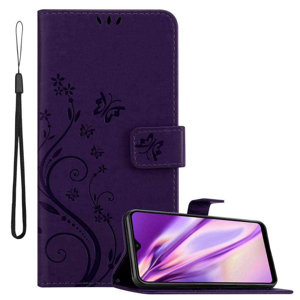 Lila Handyhülle mit Blumendesign und Telefon. Auf der linken Seite befindet sich ein Riemen.