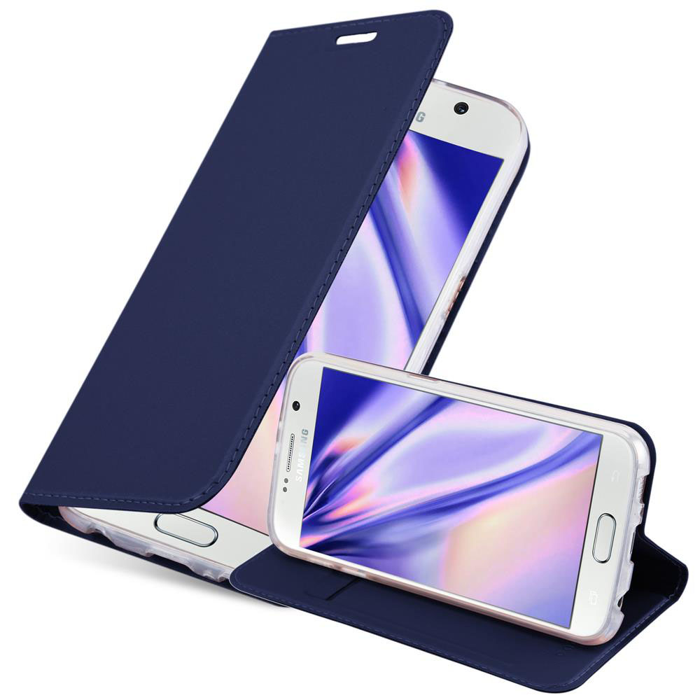 Custodia blu con un telefono bianco all'interno. Un coperchio è aperto. Il telefono è bianco.