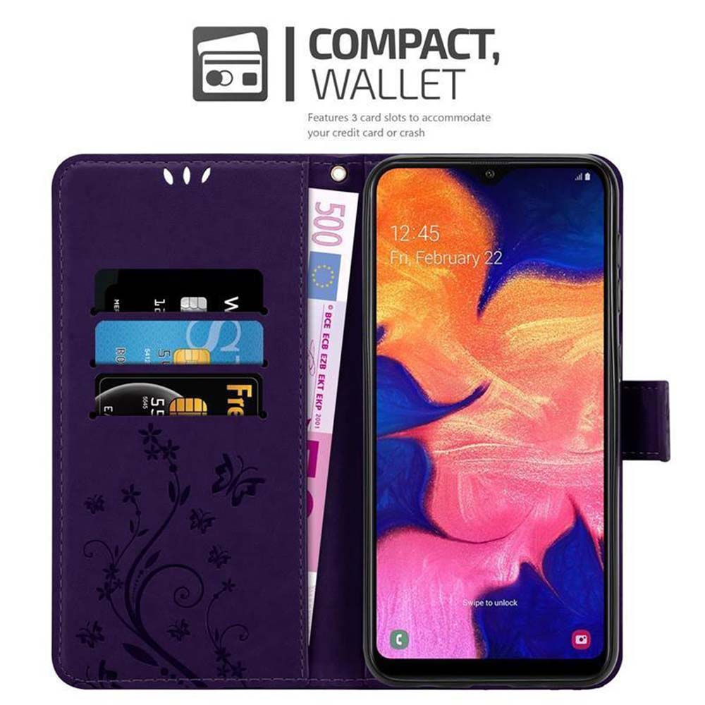 Offene lila Handyhülle mit Telefon, Kreditkarten und Geld. Text: Compact, Wallet. Telefon zeigt Uhrzeit.