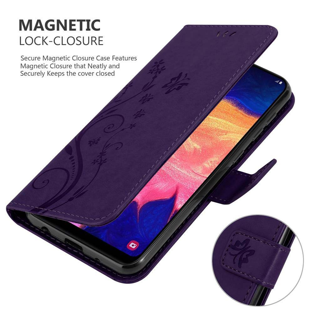 Lila Handyhülle geöffnet, zeigt Telefonbildschirm und Innendesign. Text: Magnetverschluss.