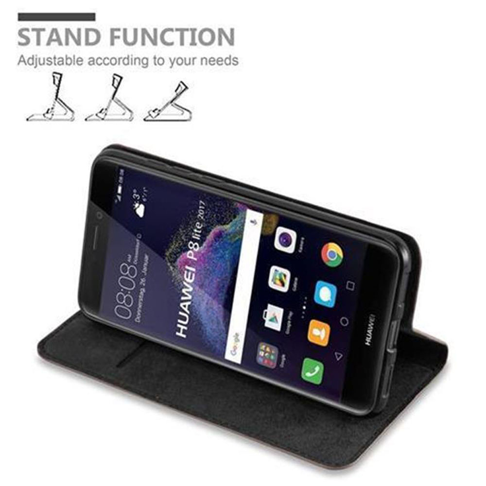Telefono Huawei in custodia nera con funzione stand. Lo schermo visualizza l'ora e la data.