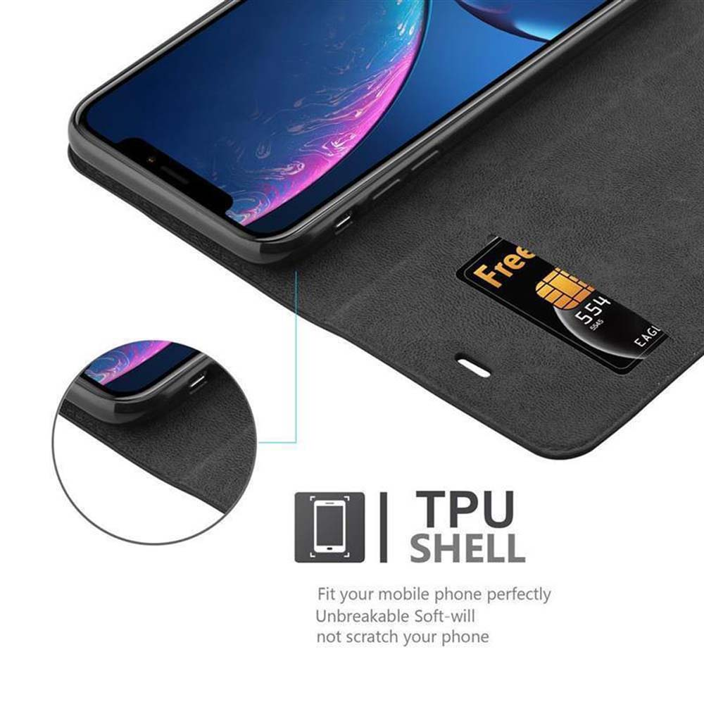 Telefon in einer schwarzen Lederhülle mit Karte und dem TPU-Shell-Text.