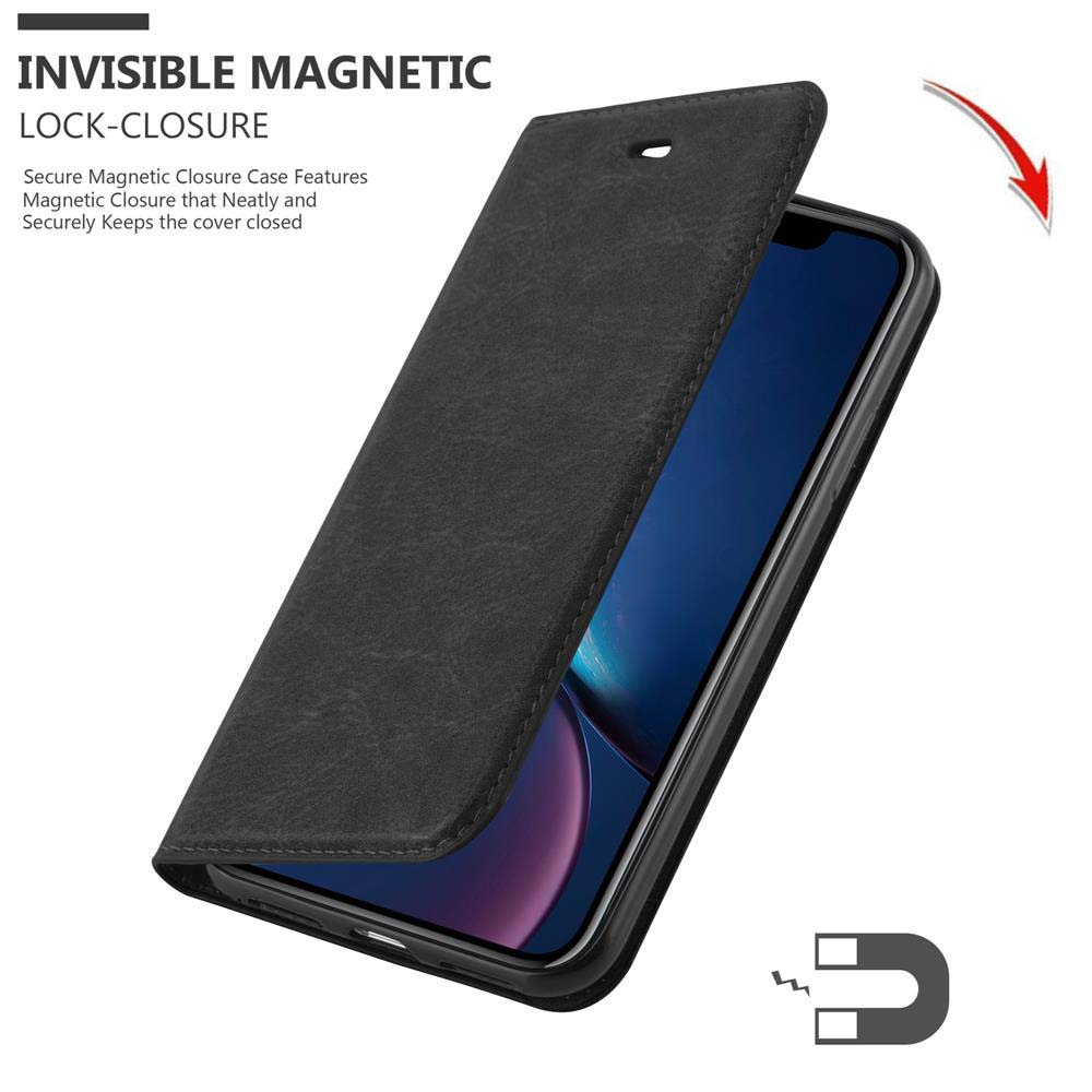 Schwarze Handyhülle mit Magnetverschluss. Das Telefon ist darin. Text: 'INVISIBLE MAGNETIC LOCK-CLOSURE'.