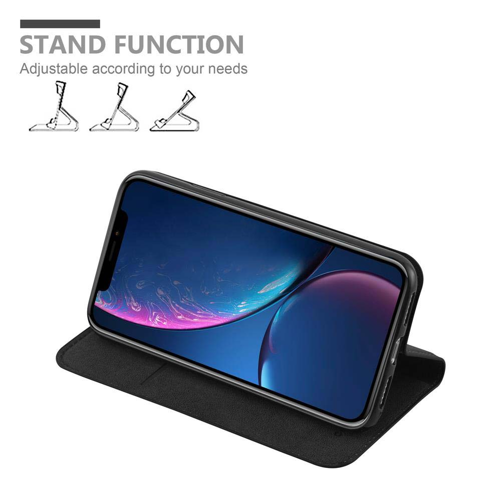 Schwarze Handyhülle mit Ständerfunktion. Telefon zeigt App-Symbole. Text: Ständerfunktion.