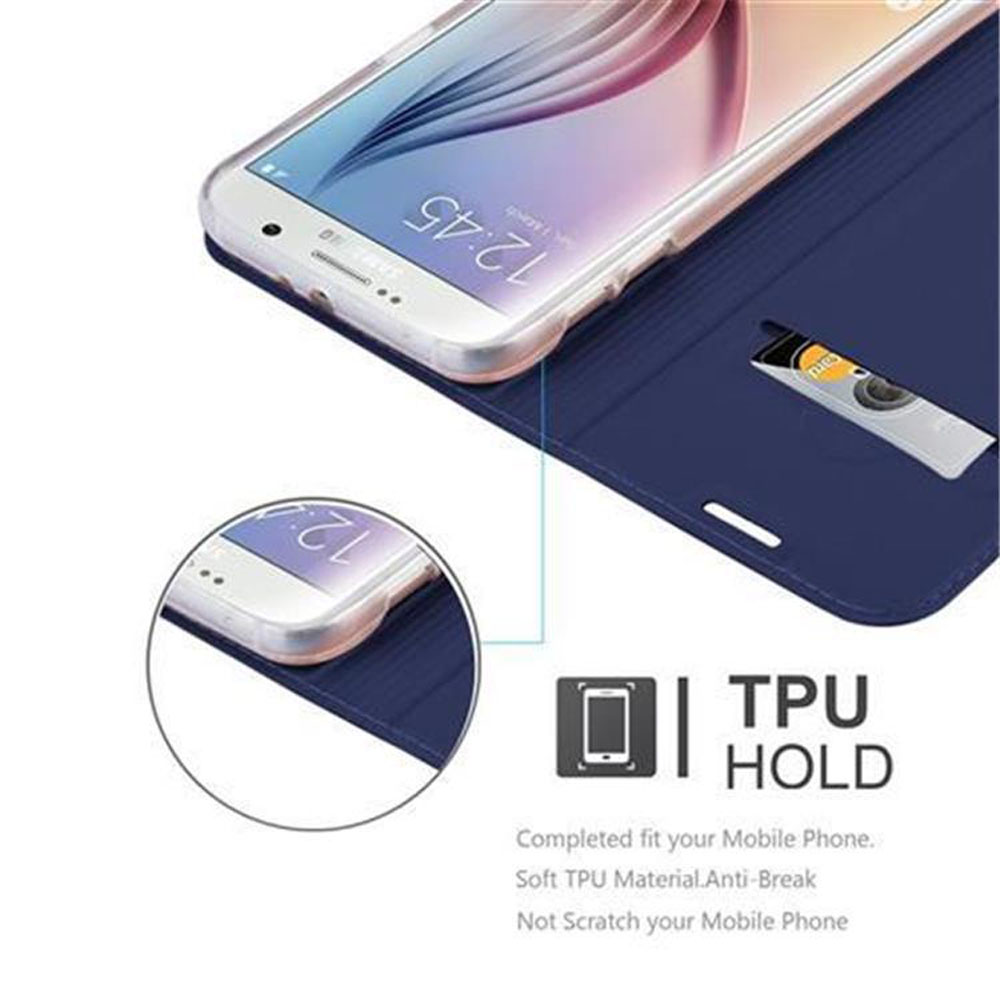 Custodia blu navy con telefono e porta carte. Testo TPU HOLD visibile.
