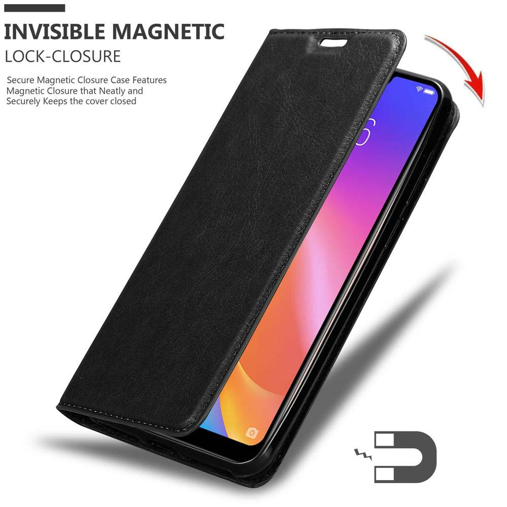 Telefon in schwarzem Etui, Etui geöffnet. Text weist auf magnetischen Verschluss hin.