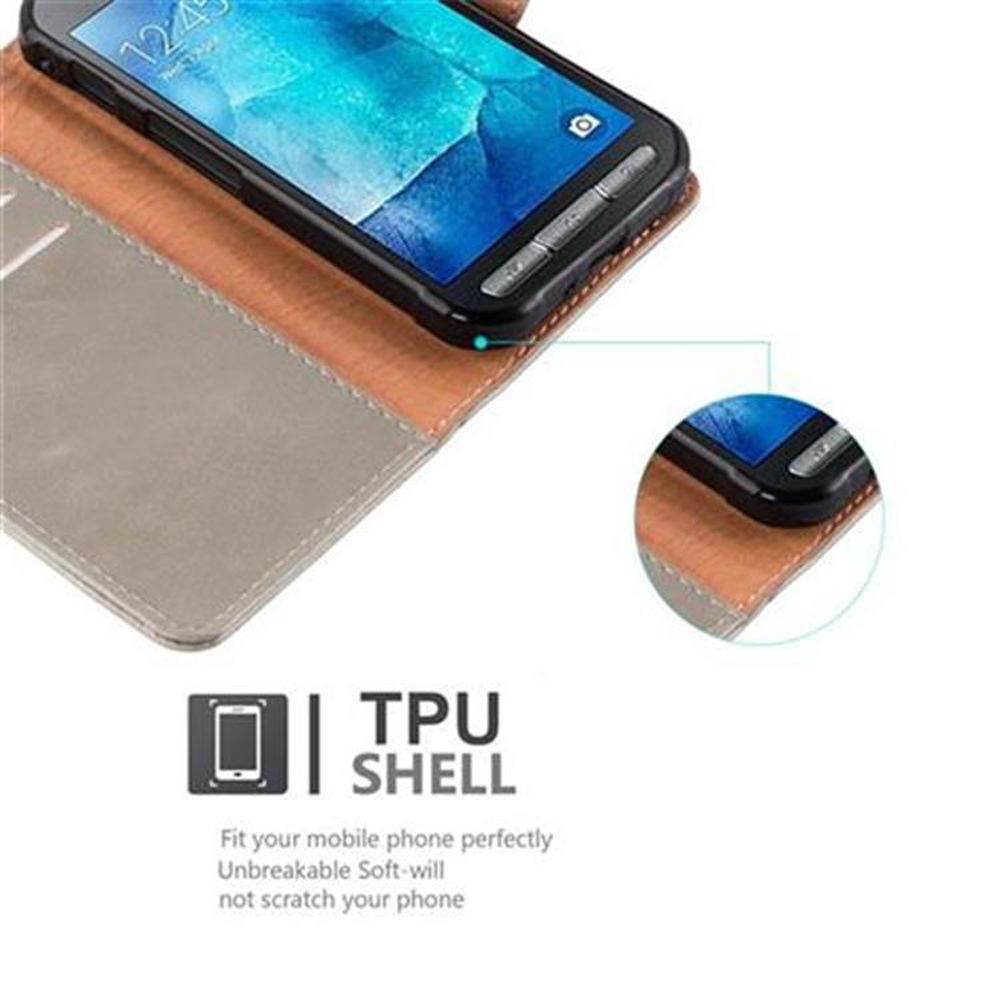 Telefono in custodia marrone. Il testo dice guscio in TPU. Lo schermo mostra un'immagine blu.