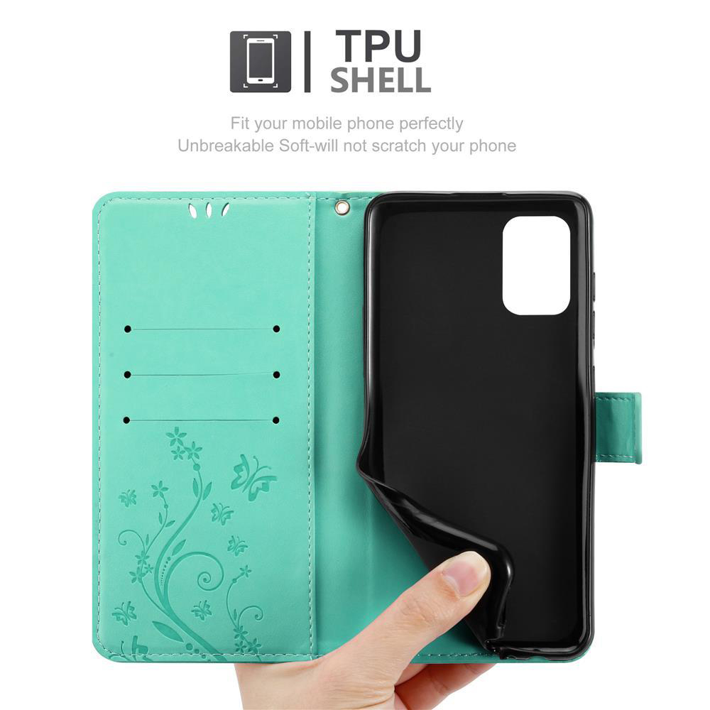 Uno smartphone in una custodia verde acqua. La custodia è aperta, rivelando il telefono.