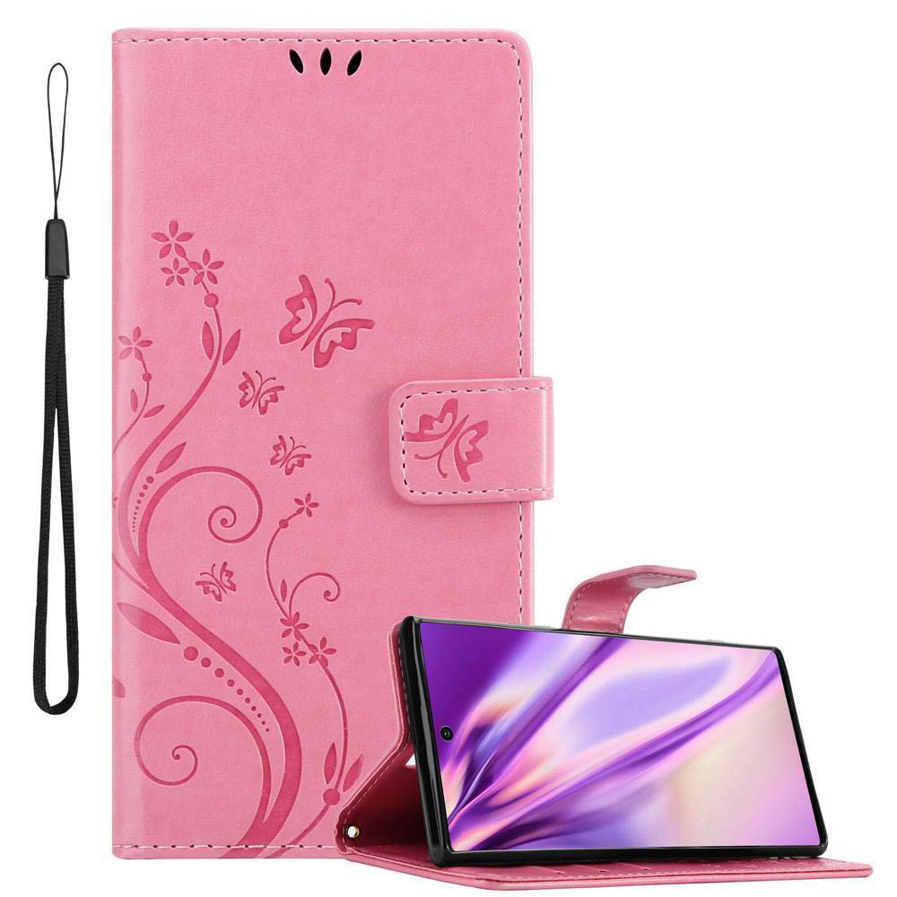 Rosa Handyhülle mit einem Telefon. Die Hülle hat ein Blumendesign und einen Riemen. Das Telefon ist innen sichtbar.