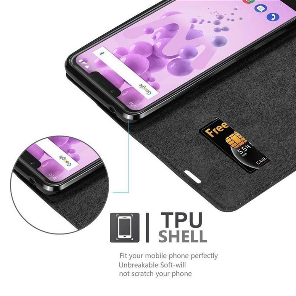 Schwarzes Telefon in schwarzem Gehäuse. Der Bildschirm zeigt eine Google-Suchleiste und einen lila Hintergrund.