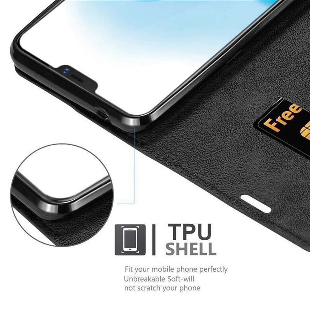 Custodia per telefono con telefono all'interno, che mostra informazioni sulla cover in TPU. Primo piano del telefono e dello slot per schede. Sfondo bianco.