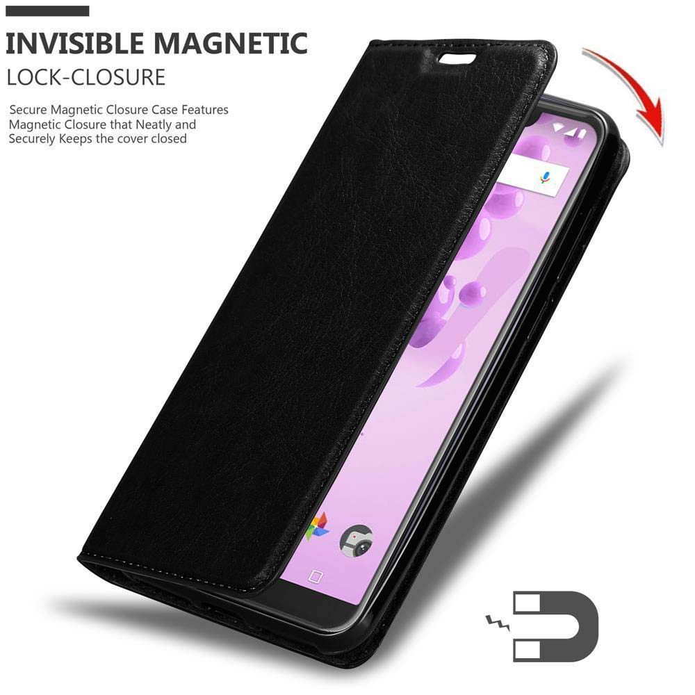 Schwarze Handyhülle mit Telefon darin. Die Hülle hat einen unsichtbaren Magnetverschluss. Das Telefon ist sichtbar.