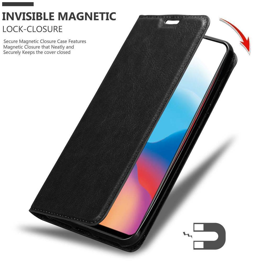 Custodia nera per telefono aperta, con un telefono all'interno. Testo: Chiusura magnetica invisibile.