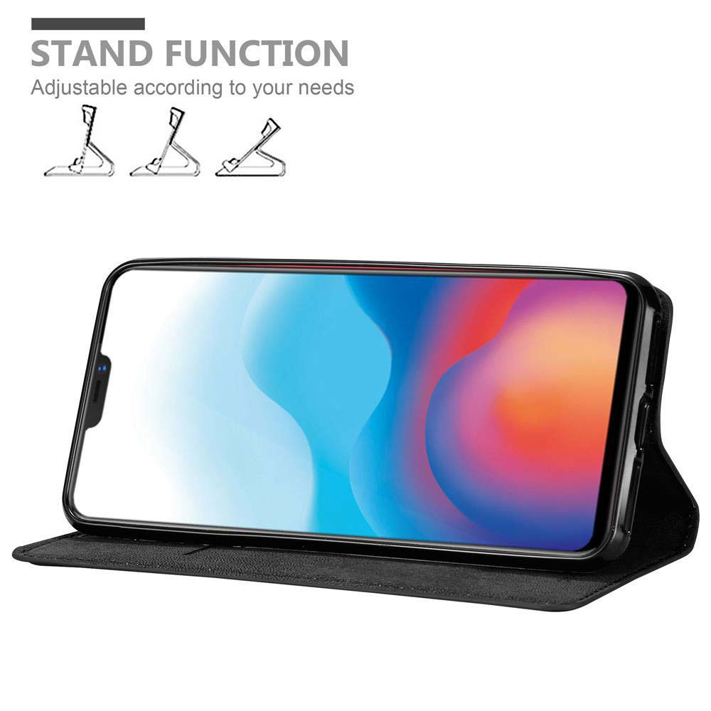 Telefono nero in una custodia con display sullo schermo e funzione stand.