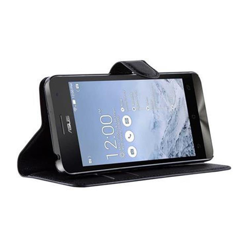 Telefono Asus in una custodia, angolato. Il telefono mostra le 12:00. La custodia è aperta.