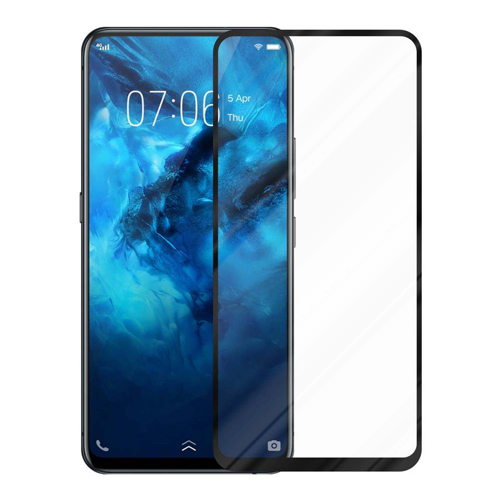 Un telefono con una protezione per lo schermo. Il telefono mostra uno sfondo astratto blu e bianco.