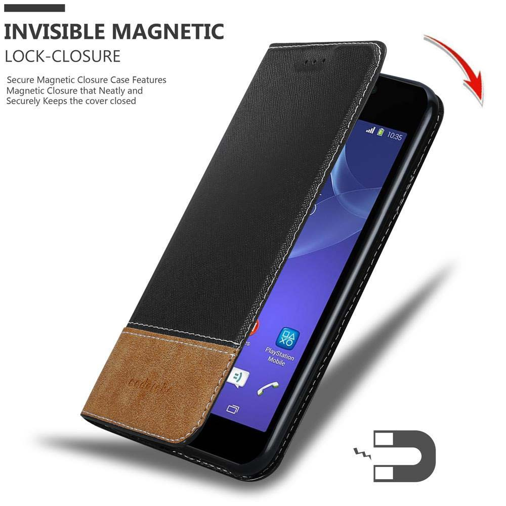 Schwarze Handyhülle mit Magnetverschluss. Text: Unsichtbarer Magnetverschluss.
