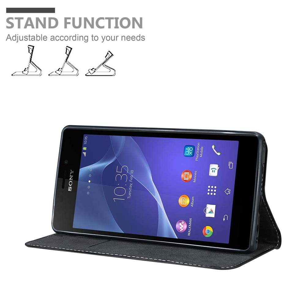 Sony-Telefon in einer schwarzen Hülle, offen zum Aufstellen. Der Bildschirm zeigt Zeit und App-Symbole. Standfunktion.