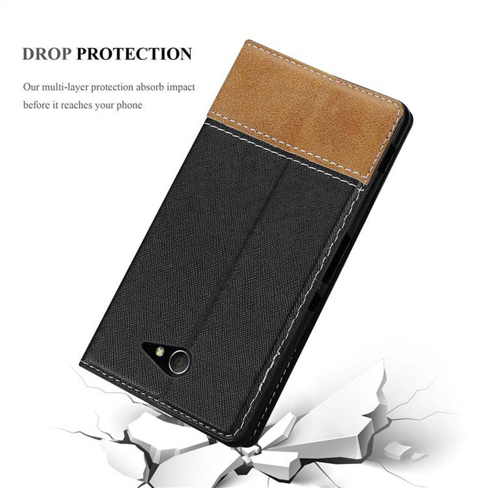 Schwarze und braune Handyhülle auf einer zerbrochenen Oberfläche. Der Text „DROP PROTECTION“ wird angezeigt.
