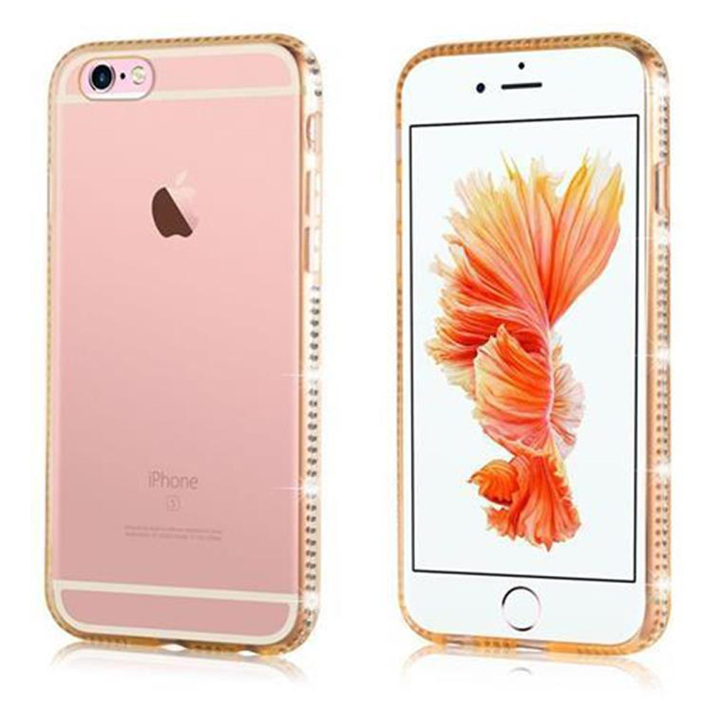 Zwei Telefone, eines rosa, eines weiß, beide mit transparenten Hüllen und Strasssteinen. Auf den Bildschirmen ist ein Blumenmuster zu sehen.