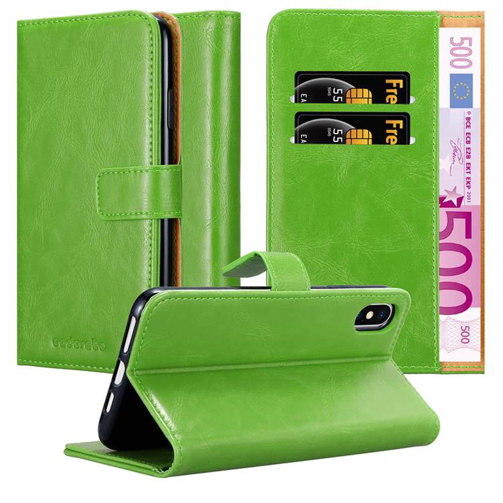 Custodia verde aperta, con telefono e carte all'interno. Mostra denaro.
