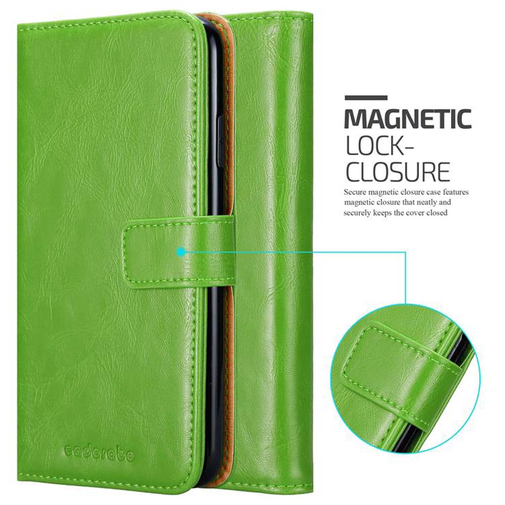 Custodia per telefono in pelle verde con chiusura magnetica. Include un primo piano della chiusura e testo.