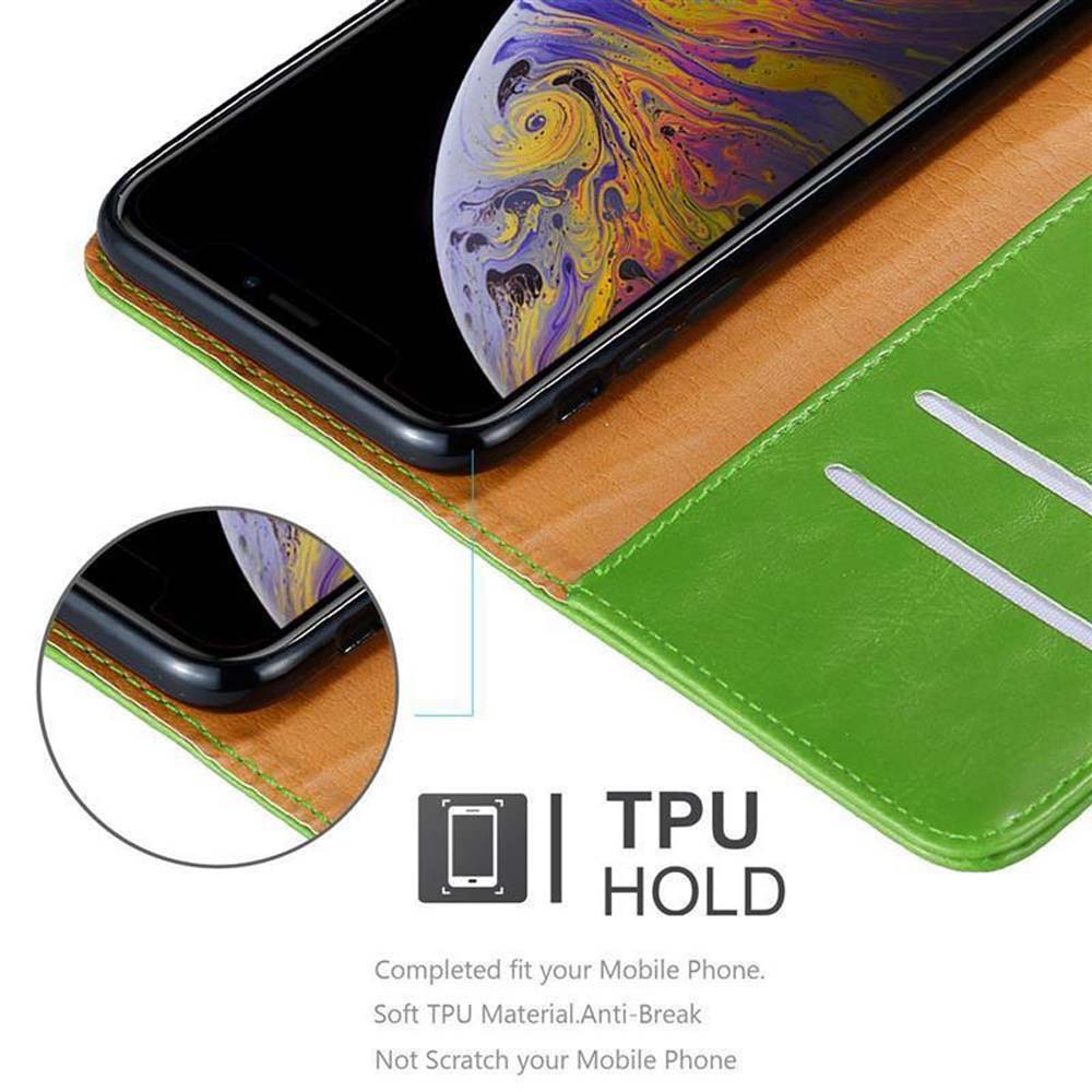 Telefono e custodia verde. Il testo descrive la funzione di supporto TPU per telefoni cellulari.