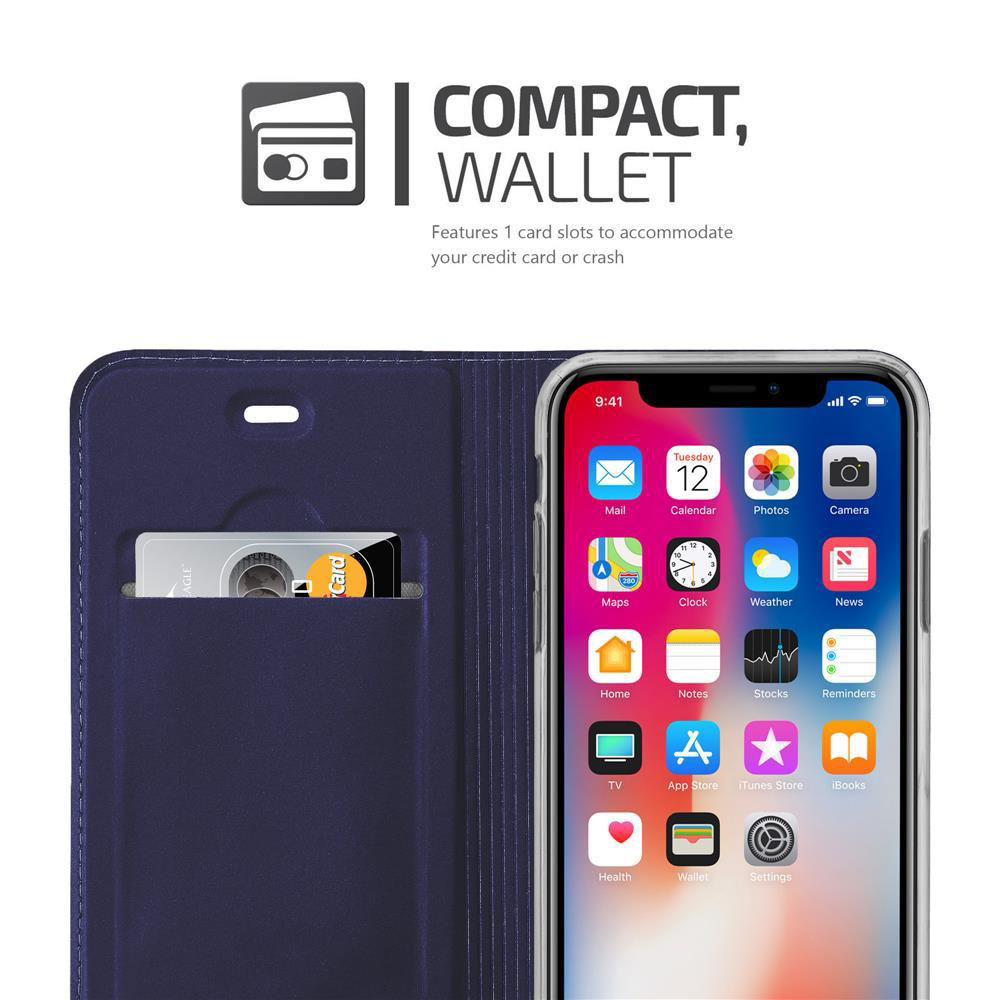Custodia per telefono blu con fessura per carte. Lo schermo del telefono mostra icone. Testo: "Compact, Wallet."