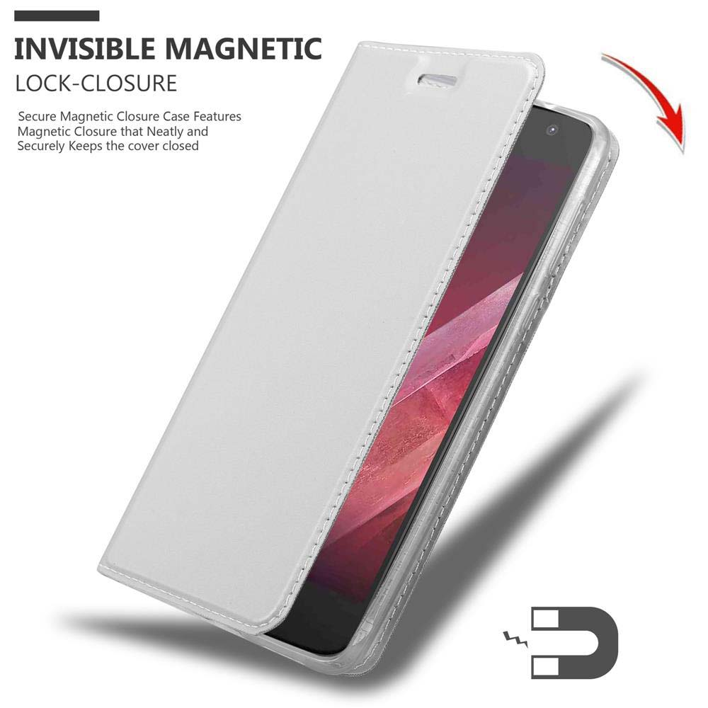 Funda blanca, abierta. Texto: 'Cierre magnético invisible'. Se muestra un símbolo de imán.